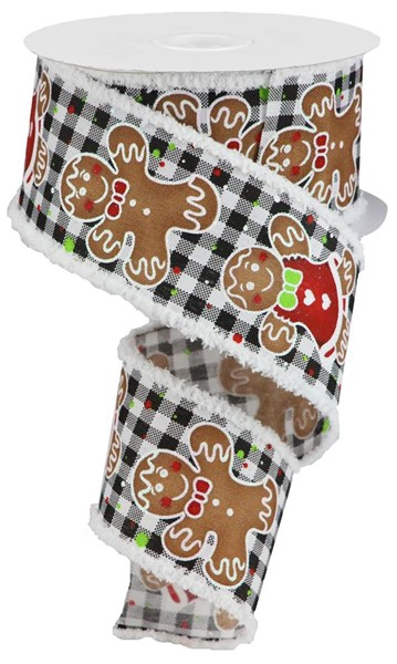 2.5-inch wide ribbon with gingerbread men on a black and white gingham pattern with frayed edges.