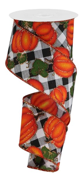 2.5-inch wide polyester ribbon featuring orange pumpkins and green leaves on a black-white check.