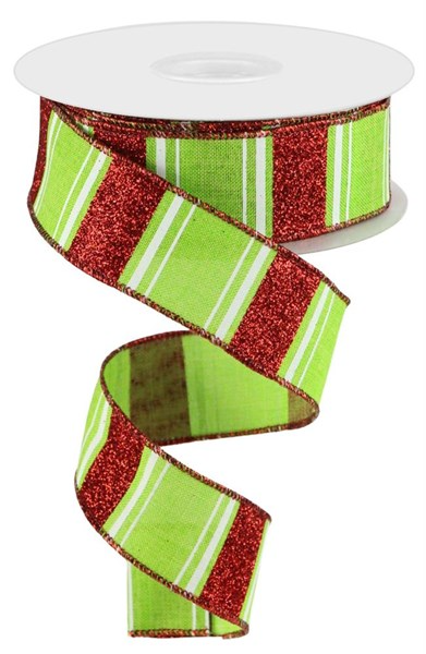 A spool of multi-stripe bold glitter ribbon made from polyester.
