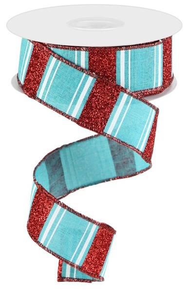 A spool of multi-stripe bold glitter ribbon made from polyester.