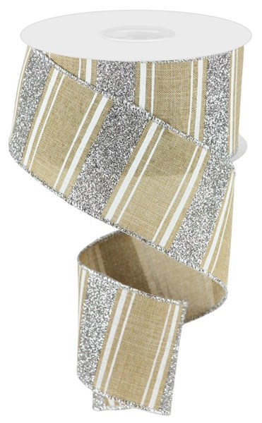 2.5-inch wide burlap-style ribbon with alternating silver glitter and tan striped patterns.