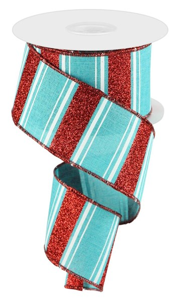 2.5-inch wide polyester ribbon with teal and white stripes and red glitter accents on a spool.
