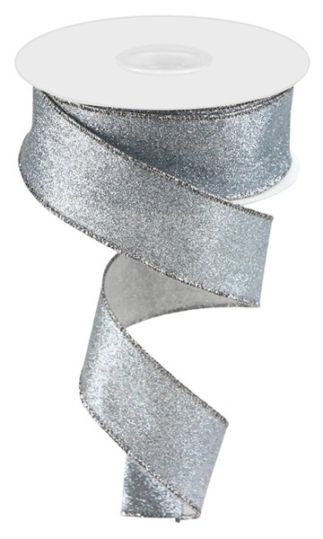 A spool of 100% polyester shimmer glitter ribbon in a silver finish with a smooth silhouette.