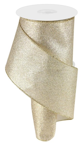 A spool of shimmer glitter ribbon with a silver metallic finish.