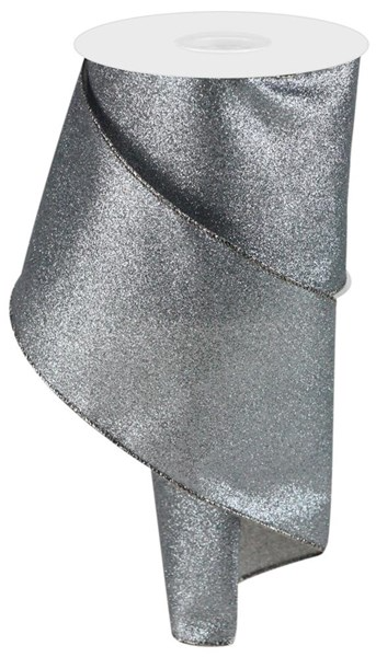 4-inch wide shimmer glitter polyester ribbon roll in silver with a sparkling texture.