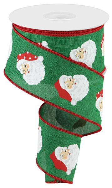 Green wired-edge ribbon featuring a repeating pattern of Santa Claus heads with red hats.