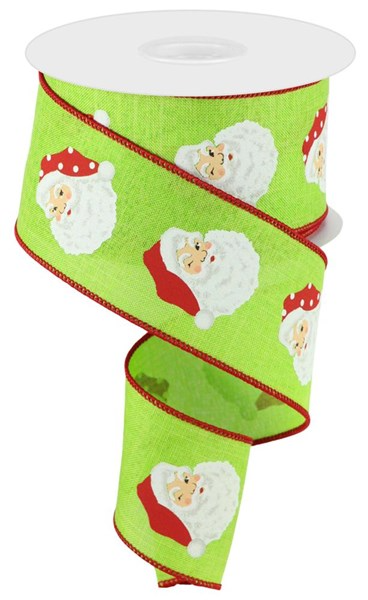 Lime green ribbon with a repeating Santa Claus head pattern and red stitched edges.