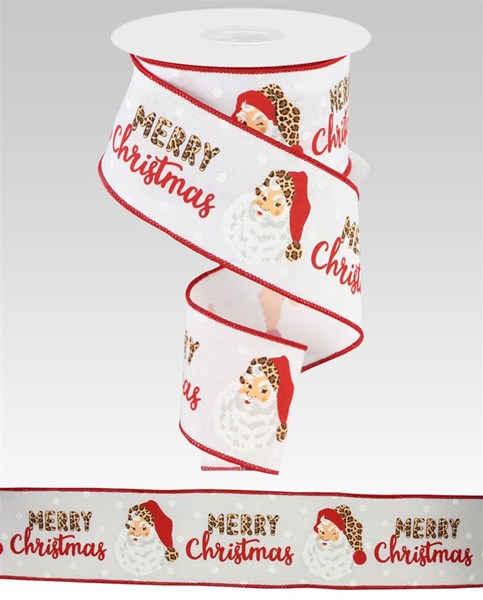 White ribbon with red edges featuring leopard print Santa Claus faces and Merry Christmas text.
