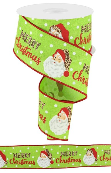 Lime green polyester ribbon with leopard print Santa Claus and Merry Christmas text pattern.