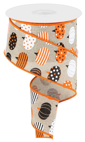 2.5-inch wide tan burlap ribbon featuring a pattern of orange, black, and white pumpkins.