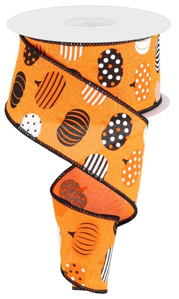 Orange polyester ribbon featuring a black and white patterned pumpkin print with stitched edges.
