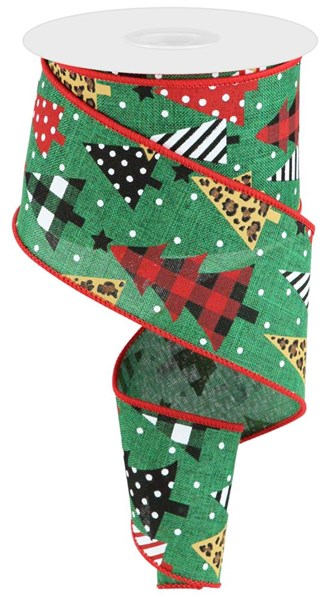 Emerald green ribbon featuring various patterned Christmas trees and red wired edges.