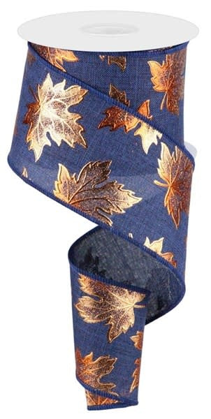 Royal blue ribbon with a metallic copper foil maple leaf pattern on a spool.