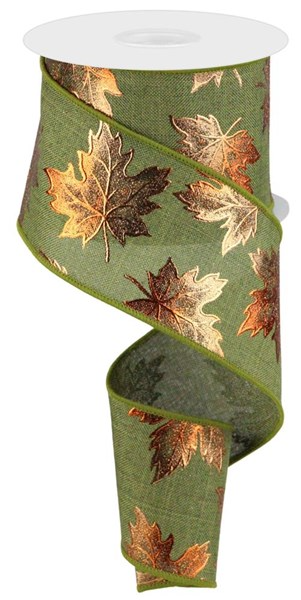 Green polyester ribbon with a metallic copper foil maple leaf pattern on a spool.