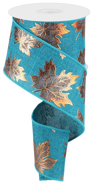 Teal polyester ribbon featuring a metallic copper foil maple leaf pattern on a spool.