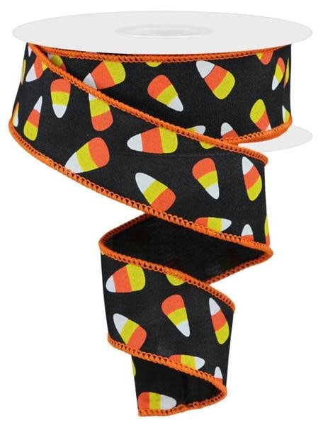 Black, white, yellow, and orange polyester ribbon with candy corn pattern.