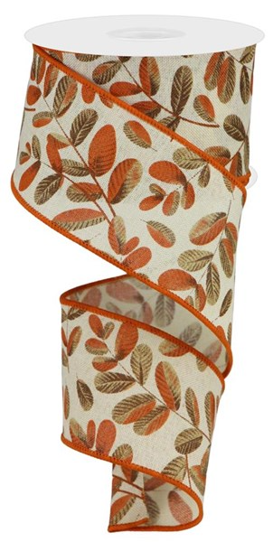 2.5-inch wide harvest ribbon with a beige fabric base and an orange and brown leaf pattern.