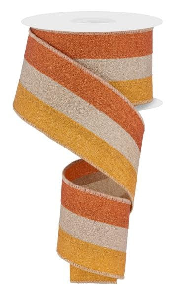 2.5-inch wide decorative ribbon with pumpkin, taupe, and mustard glittered stripes.