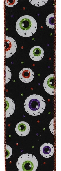 Black wired-edge ribbon featuring a pattern of colorful glittery eyeballs in white, lime, and purple.