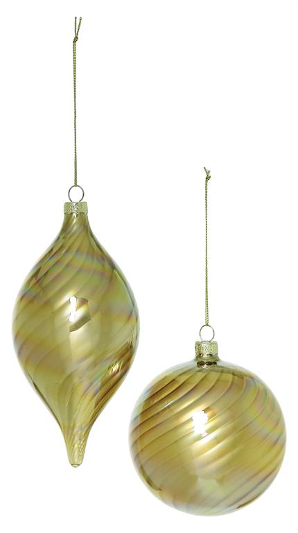 Two 100mm iridescent pearl swirl gold glass ornaments in teardrop and ball shapes.