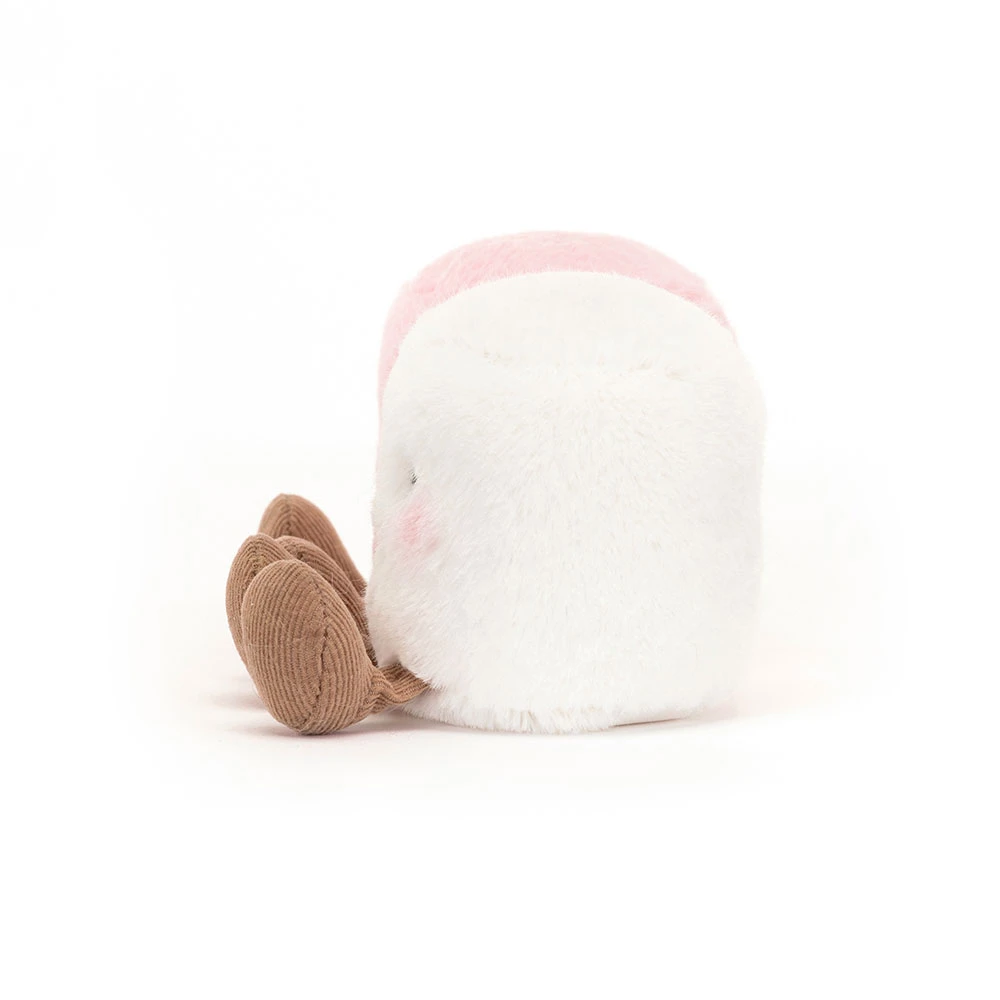 Side view of two plush pink and white marshmallows with brown cordy legs sitting together.