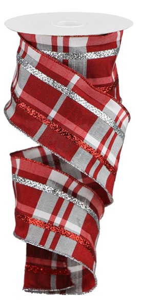 2.5"X10yd Dupioni Plaid W/Glitter Stripe Ribbon
