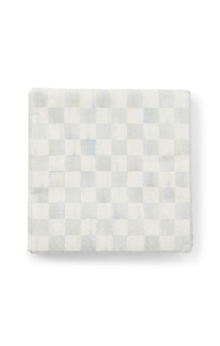A stack of square Sterling Check Cocktail Paper Napkins with a grey and white checkered pattern.