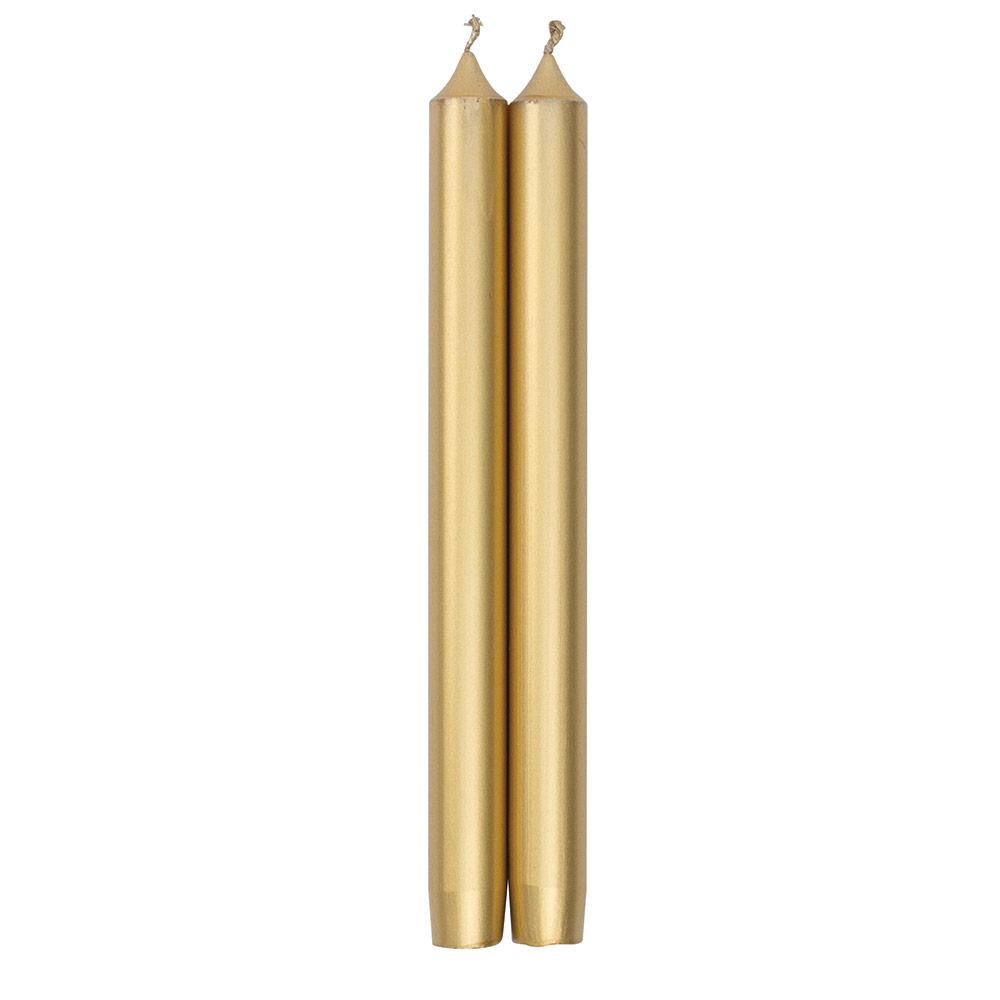 Pair of straight taper crown candles with tapered bottoms in a clear cellophane pack.