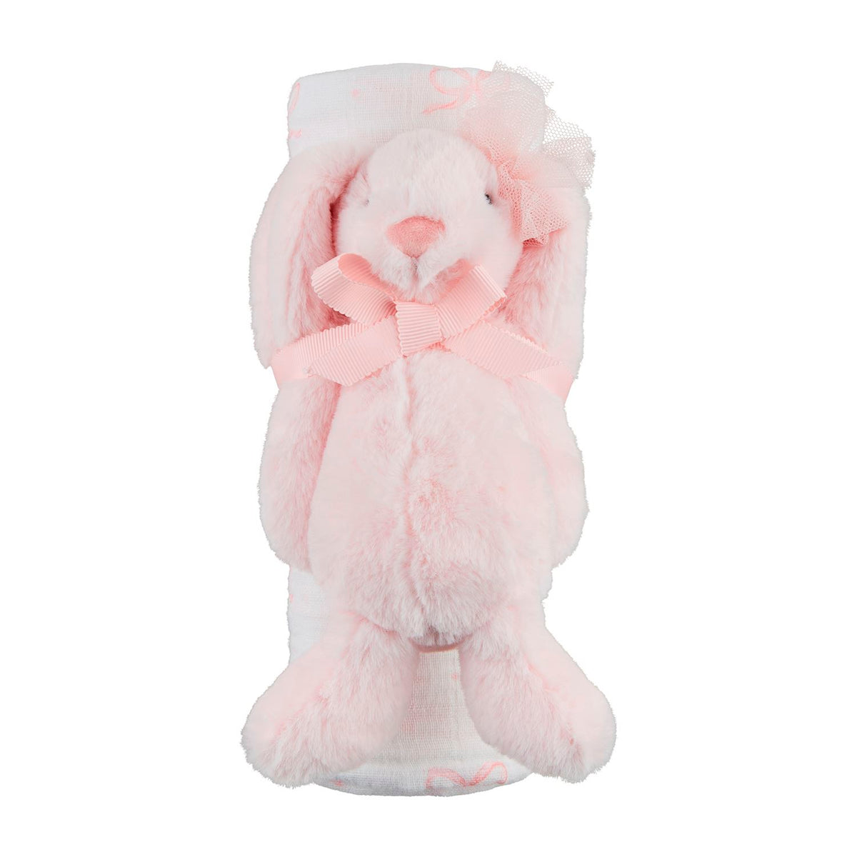Bow Bunny swaddle in faux fur with cotton lining featuring a bunny rattle attachment.