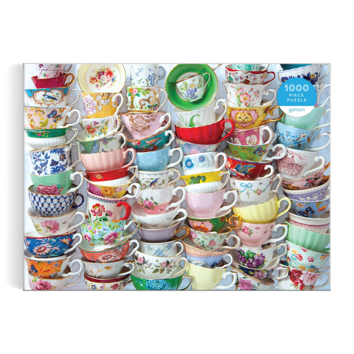 Teacups puzzle box showing a colorful vintage teapot illustration on the front cover.