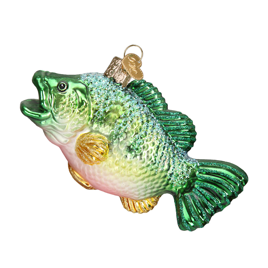 Green and gold glittered glass largemouth bass Christmas ornament with an open mouth.