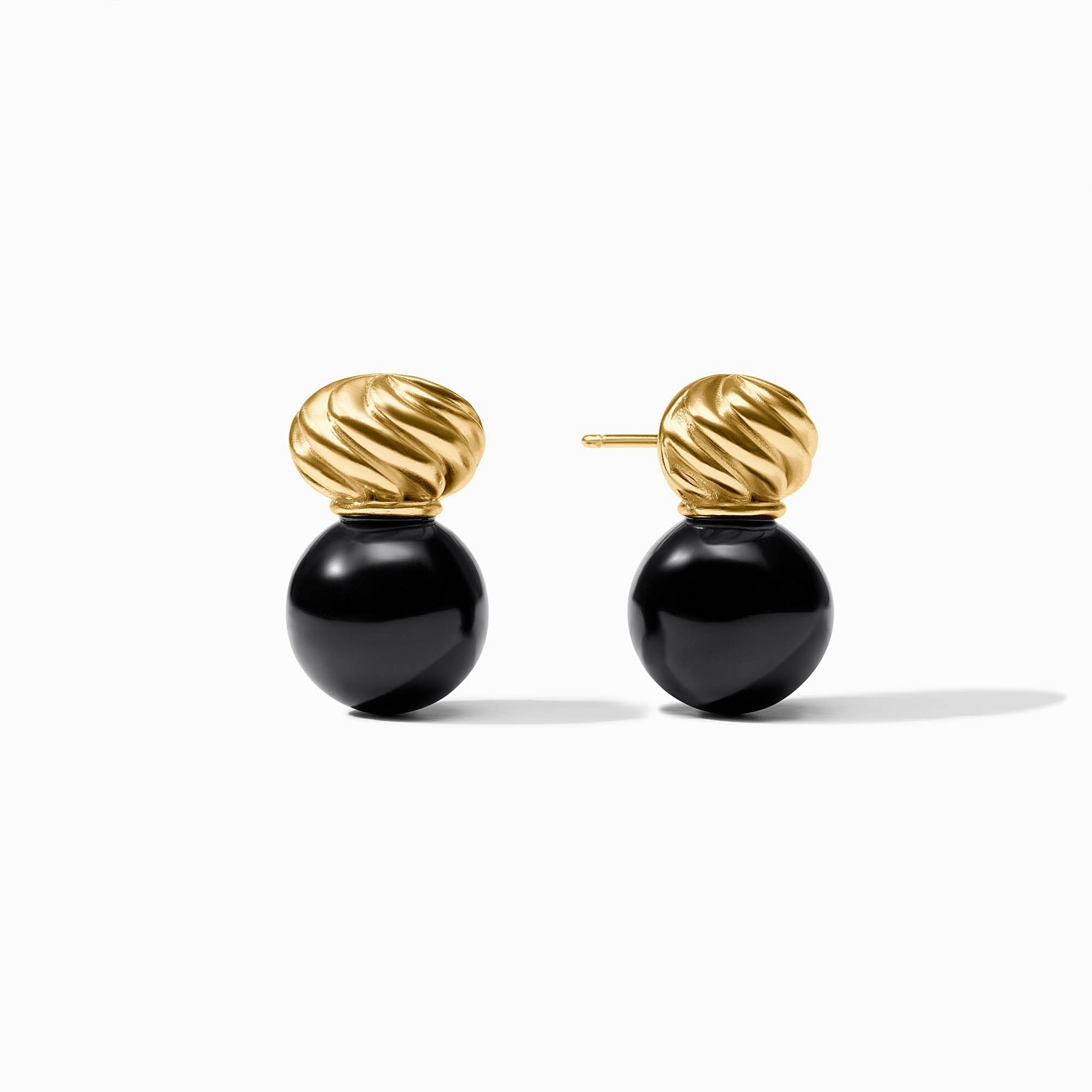 Ravello Midi Earrings featuring 24K gold plated twisted tops and black resin spheres.
