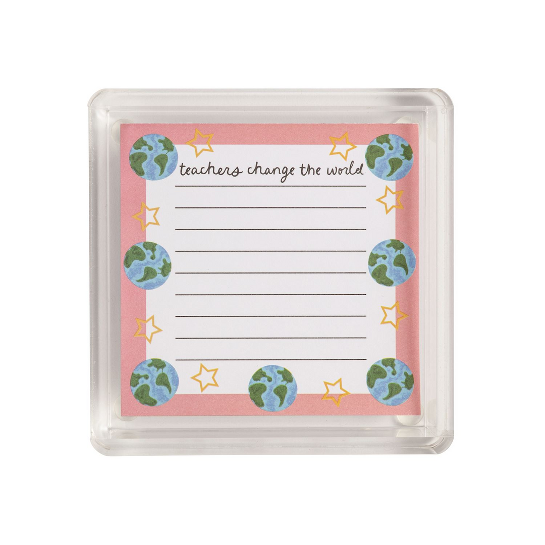 Teacher Notepad Set with a lined mini notepad in an acrylic caddy featuring globe and star designs.