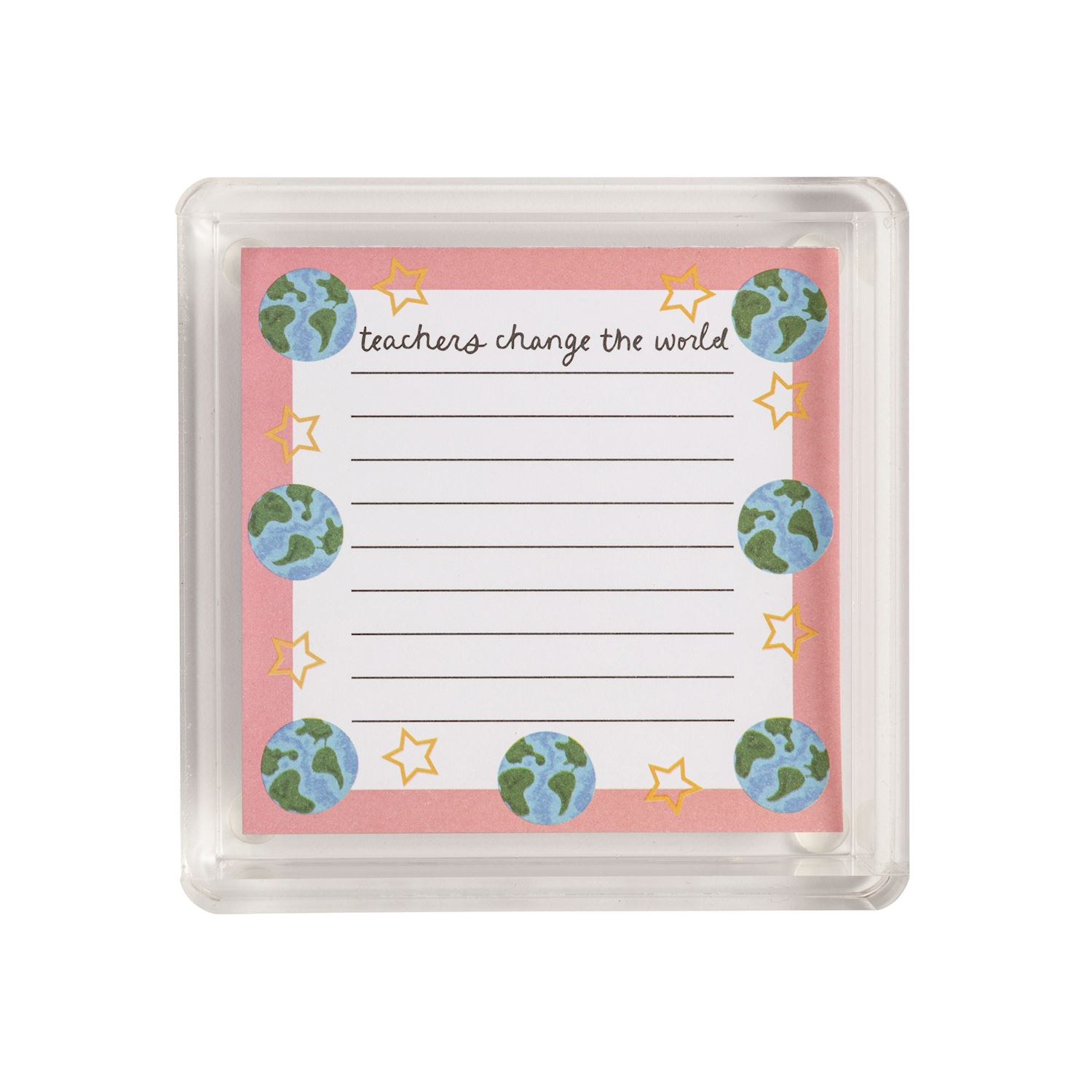 Teacher Notepad Set with a lined mini notepad in an acrylic caddy featuring globe and star designs.
