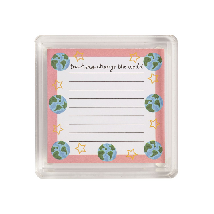 Teacher Notepad Set with a lined mini notepad in an acrylic caddy featuring globe and star designs.