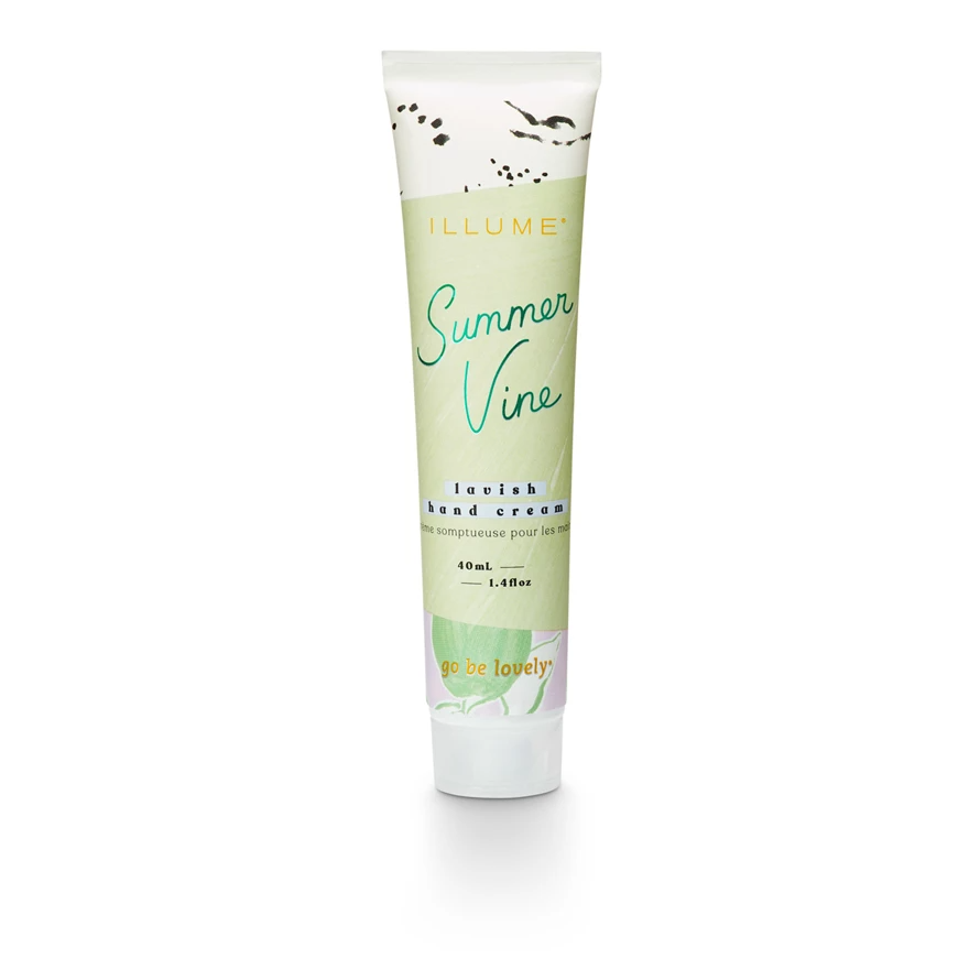Demi hand cream in a white tube with silver cap against neutral background.