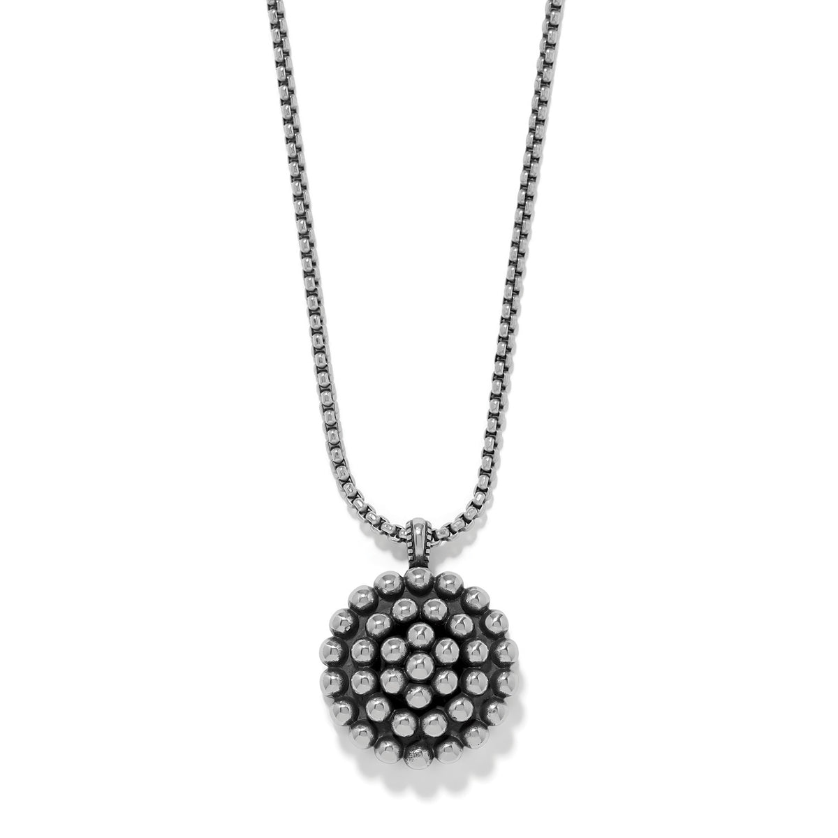Pretty Tough Blossom Necklace featuring a silver beaded circular pendant on a box chain.