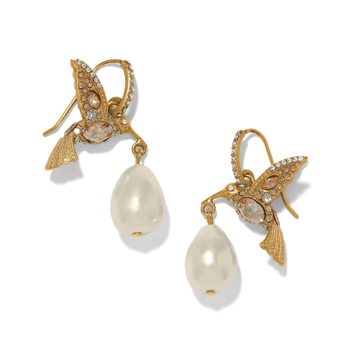 Gold-plated hummingbird French wire earrings with crystal accents and teardrop pearl drops.