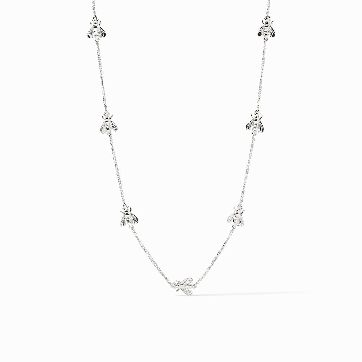 Adjustable silver plate necklace with lobster clasp featuring a delicate bee pendant.