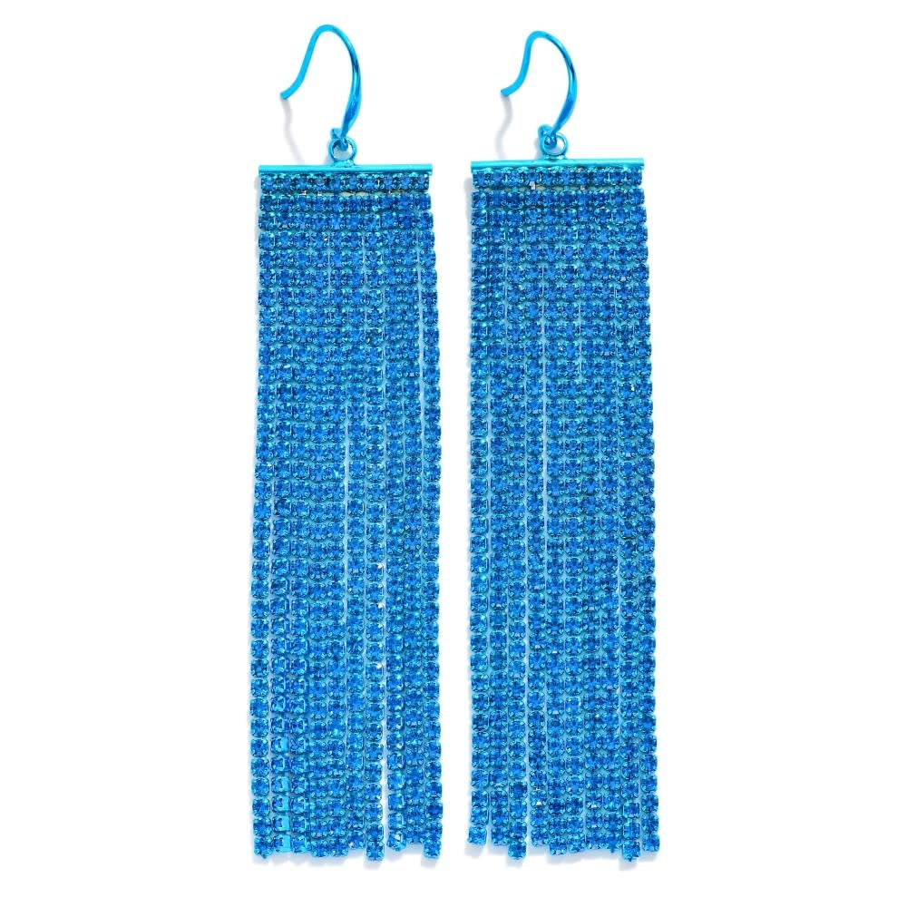 Blue rhinestone fringe drop earrings with cascading stones on a silver-tone setting.