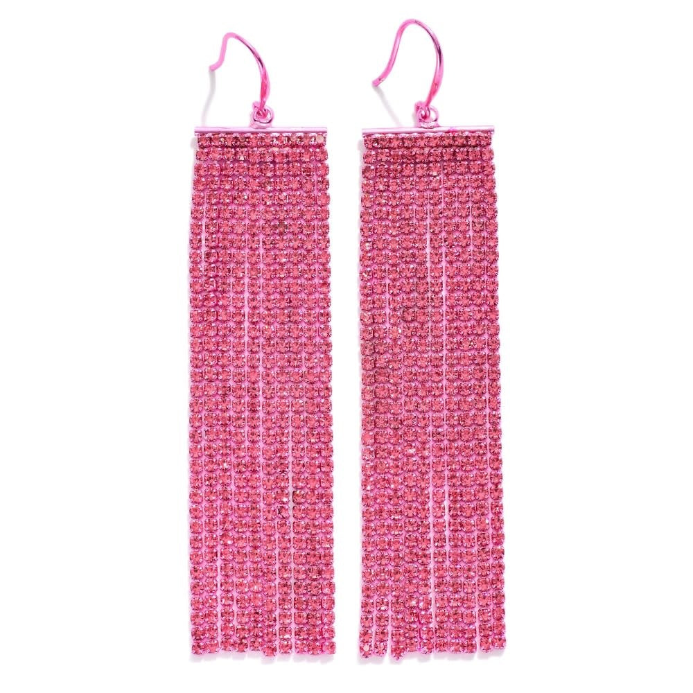 Pink rhinestone fringe drop earrings with cascading stones on a silver-tone setting.