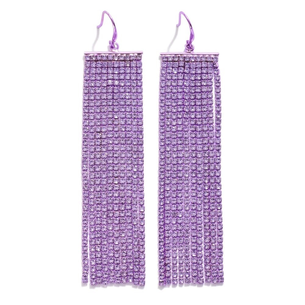 Purple rhinestone fringe drop earrings with cascading stones on a silver-tone setting.
