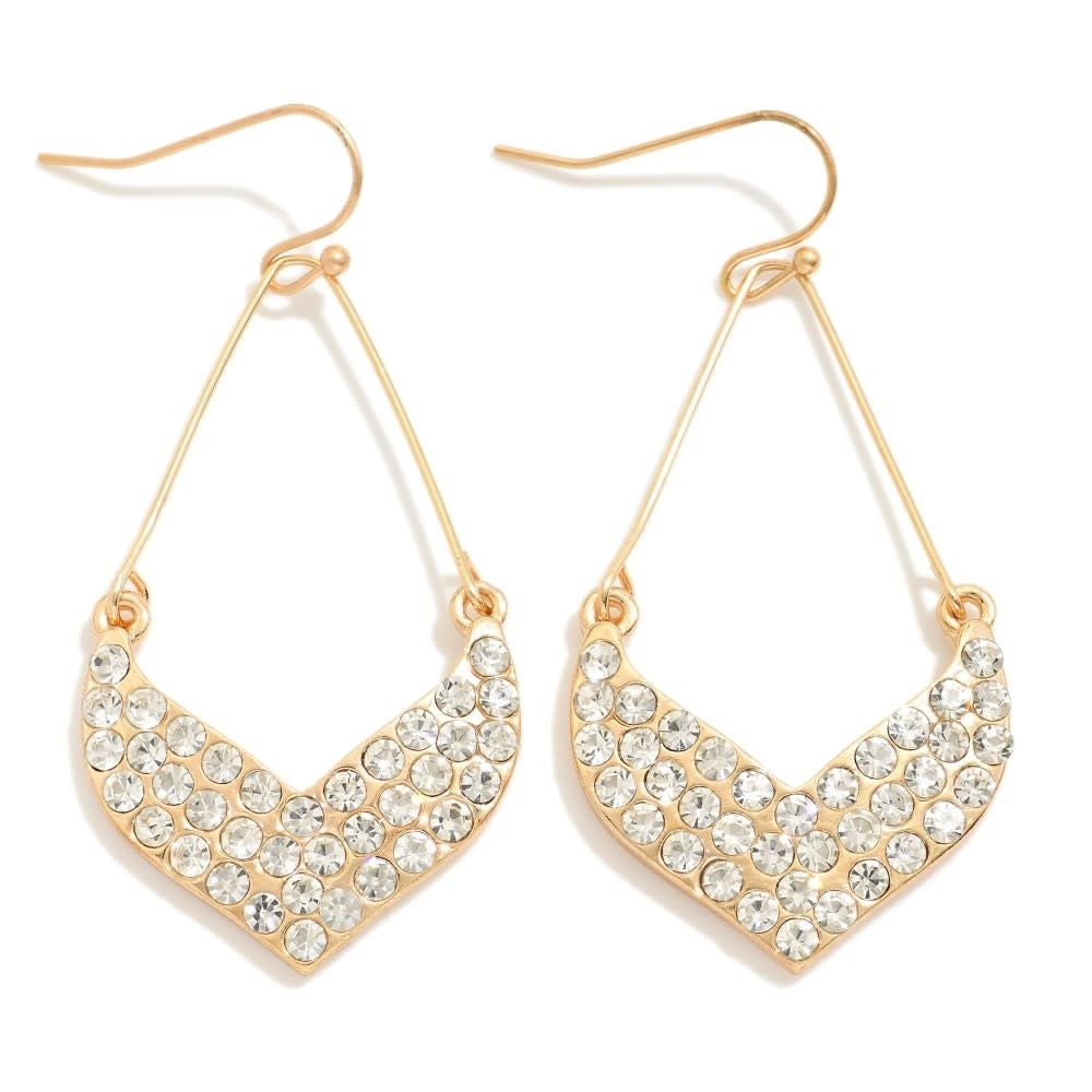 White rhinestone-studded chevron teardrop earrings with a geometric pattern.