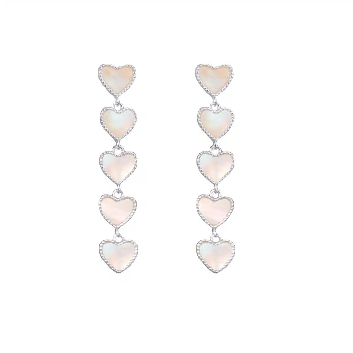 Silver drop earrings featuring five tiered heart-shaped charms with iridescent mother of pearl.
