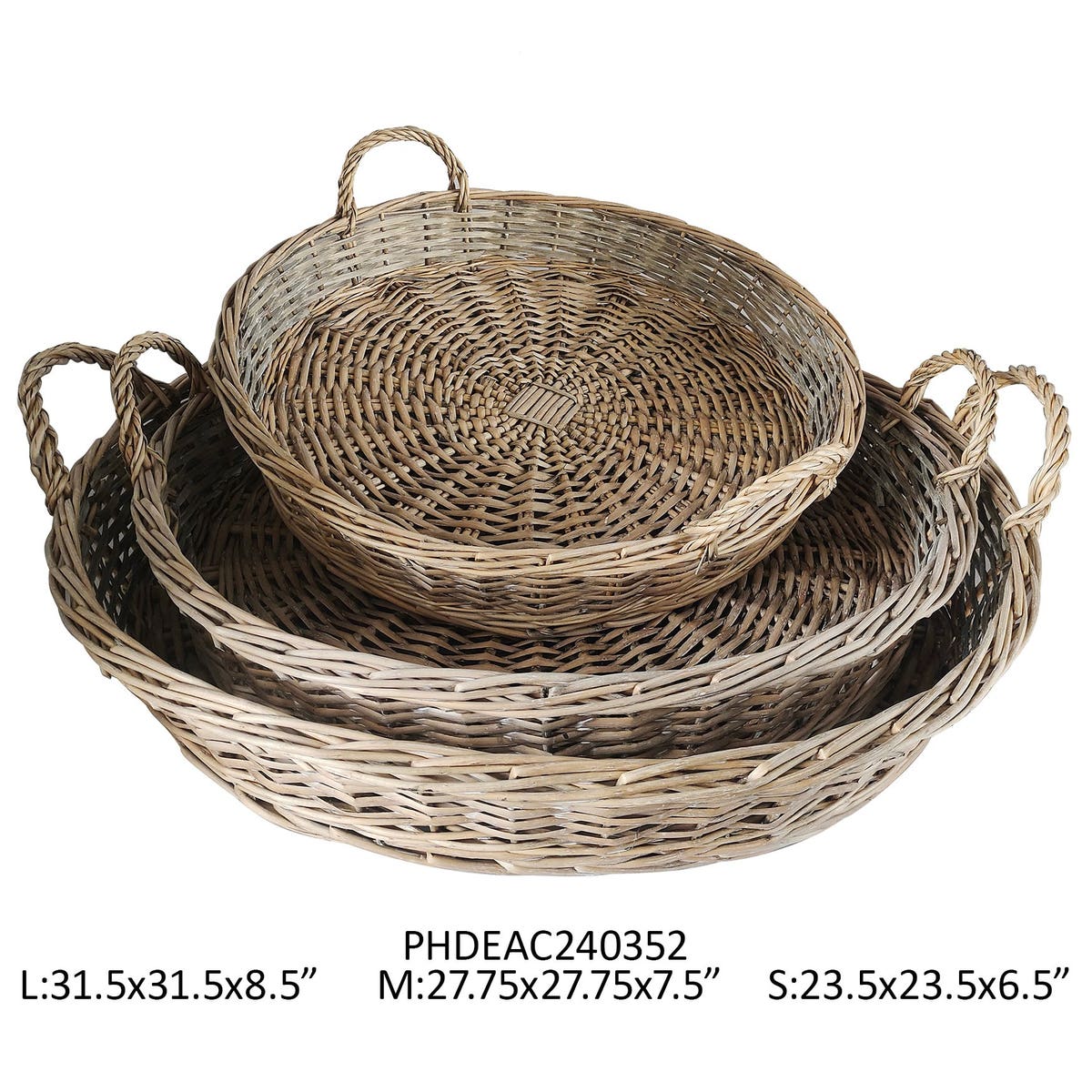 Set of three round woven wicker baskets with handles, in graduating sizes.