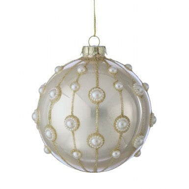 4-inch glass Christmas ball ornament in champagne with gold glitter stripes and pearl accents.
