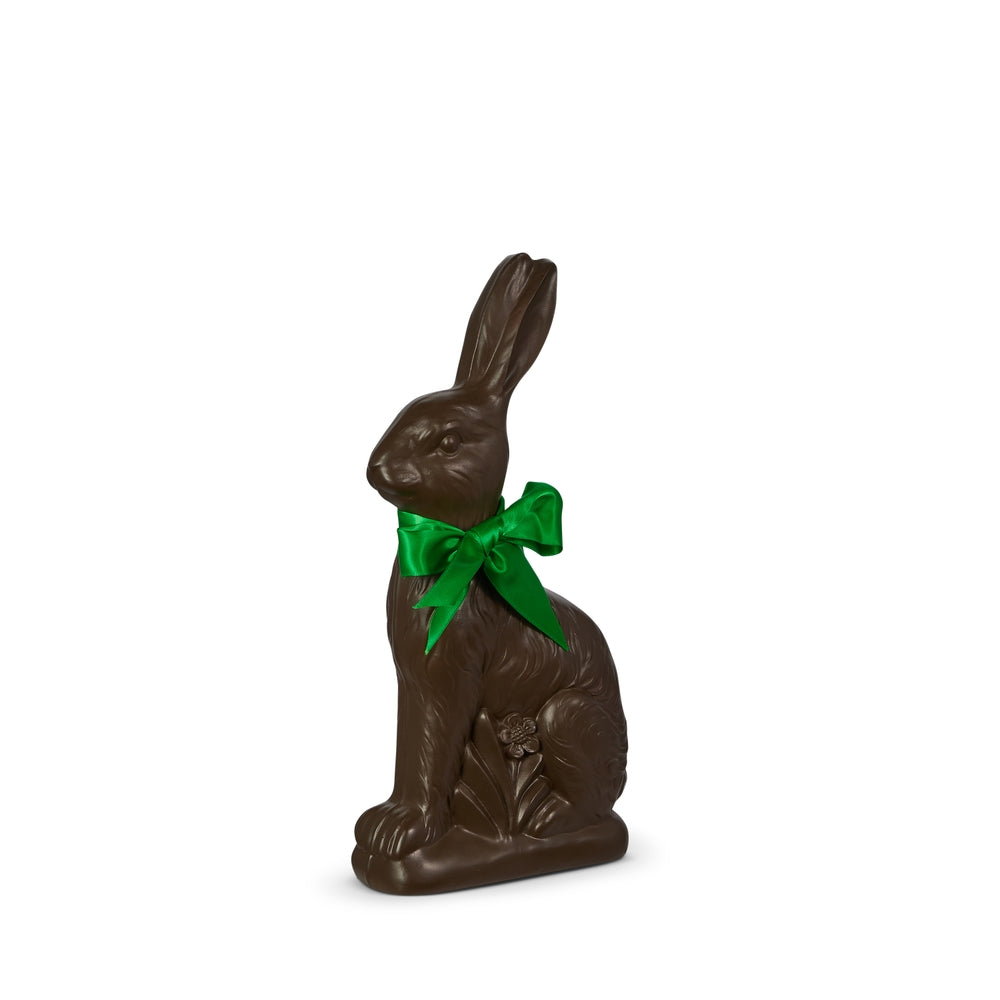 Brown stone powder chocolate bunny figurine measuring 7 inches long by 2.75 inches wide.