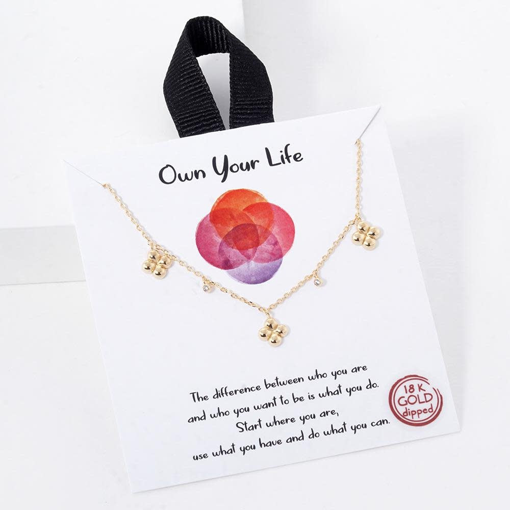 Rhodium-dipped brass Own Your Life necklace with a sleek pendant symbolizing strength.