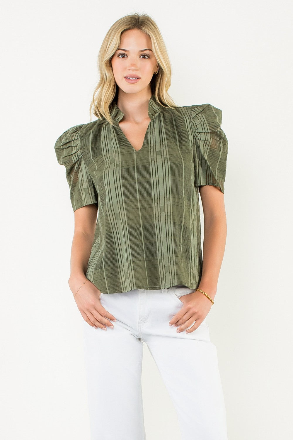 Eunice Puff Sleeve Gingham Textured V-neck Top