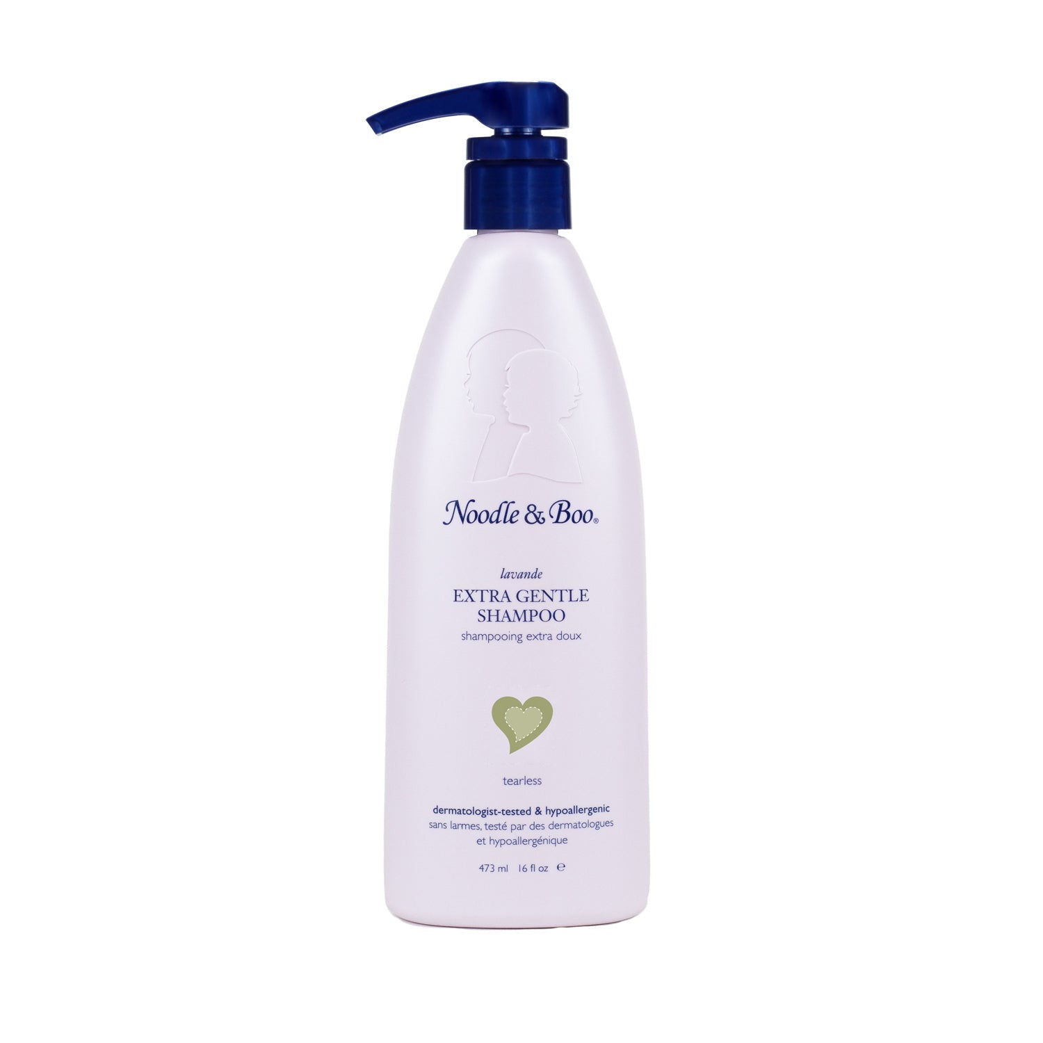 Front view of a white bottle labeled 'Lavender Extra Gentle Shampoo' with purple accents.
